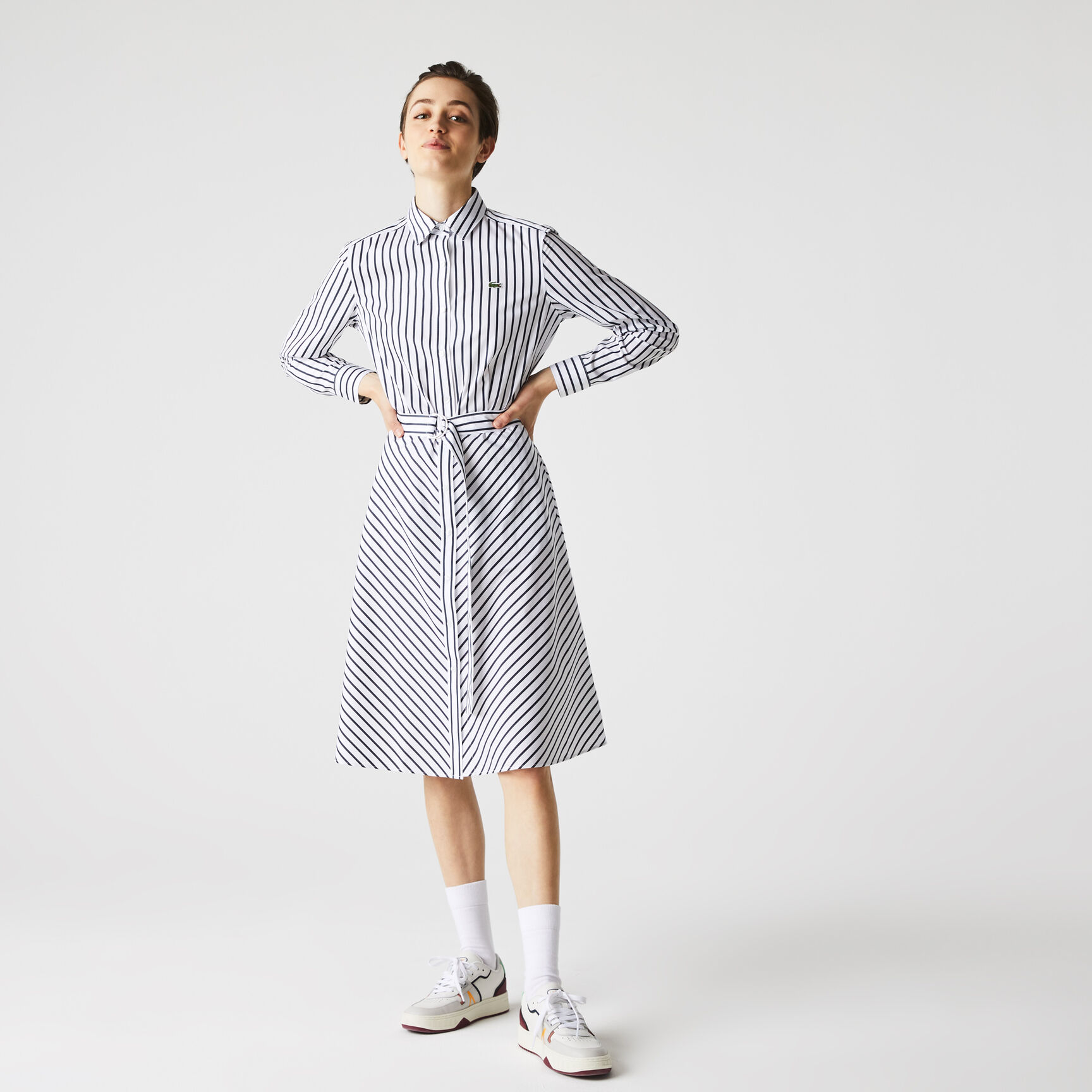 Women's Buttoned Striped Poplin Shirt Dress