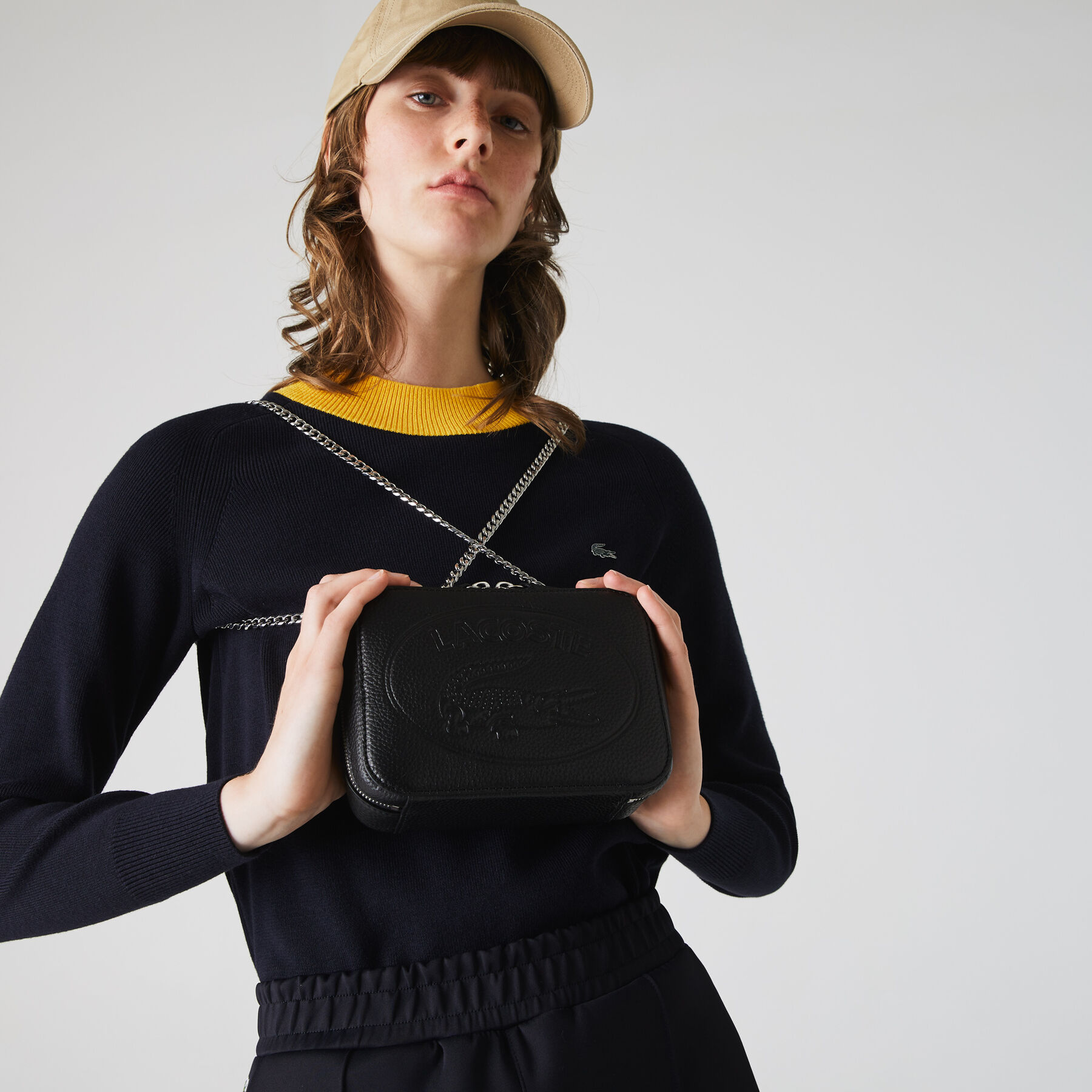 Women's Croco Crew Grained Leather Zip Shoulder Bag lacoste women s croco crew grained leather zip shoulder bag