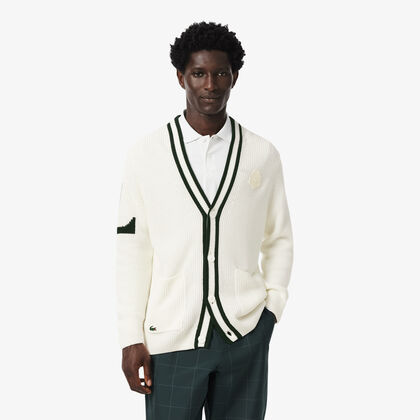 lacoste badge accent wool blend golf cardigan
