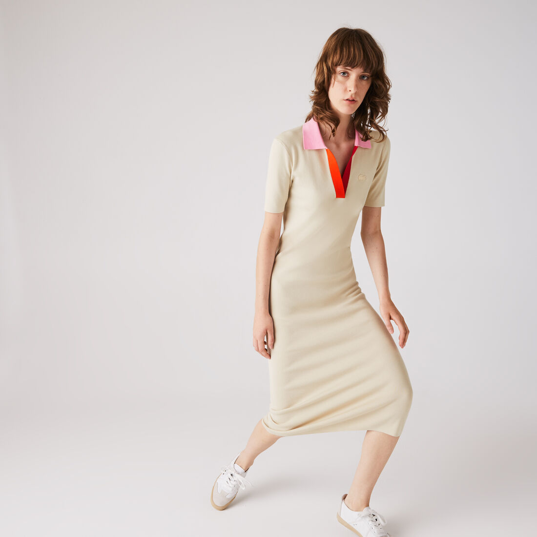 فستان طويل بشكل قميص من القطن المحبوك ثنائي اللون بياقة بولو للنساء فستان طويل بشكل قميص من القطن المحبوك ثنائي اللون بياقة بولو للنساء