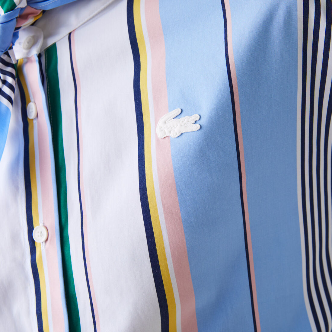 قميص قطني مقلم للنساء قصة كلاسيكية مع ياقة وشاح مجموعة Lacoste LIVE قميص قطني مقلم للنساء قصة كلاسيكية مع ياقة وشاح مجموعة Lacoste LIVE