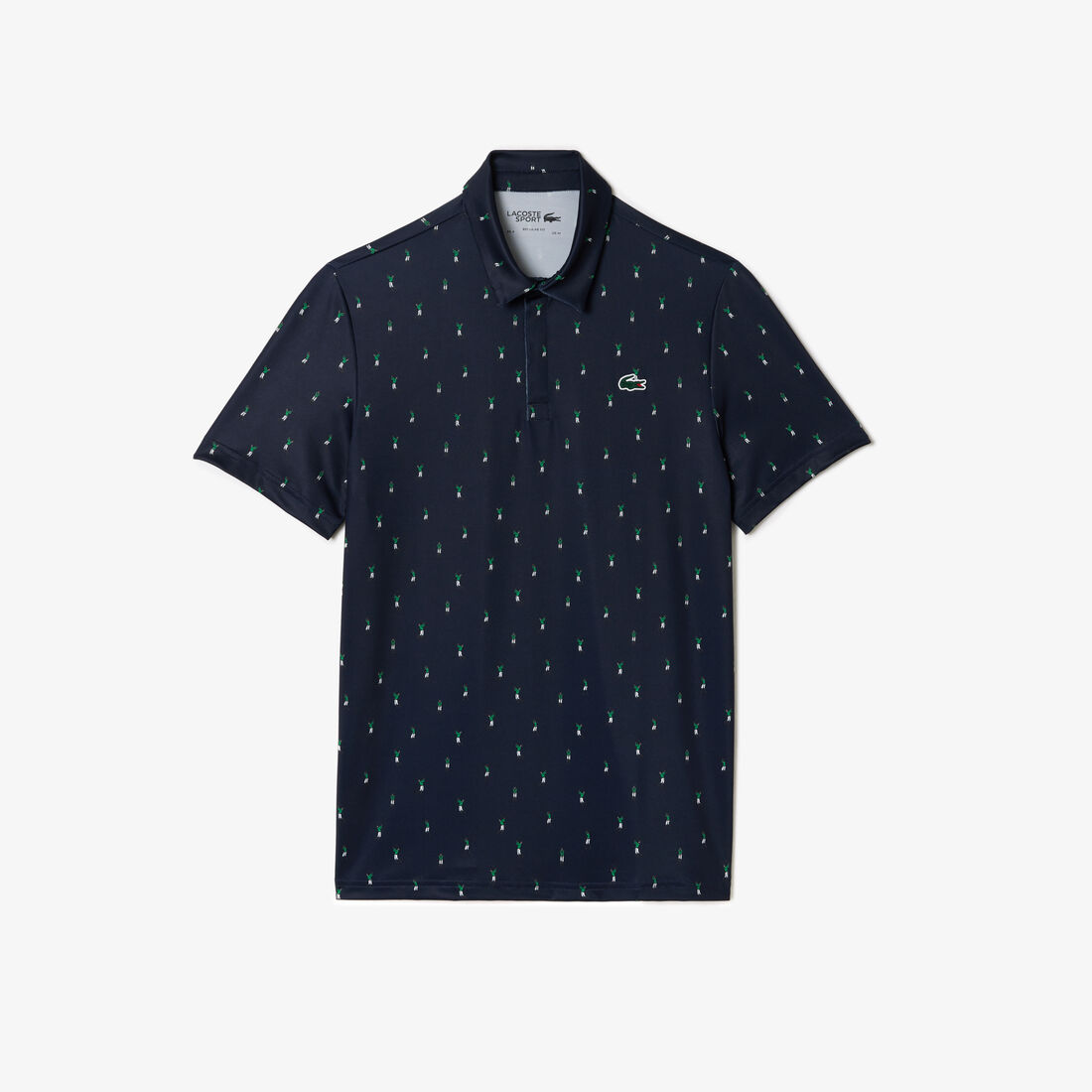 تي شيرت بولو قطن مطاطي بقصّة عادية ومزين بشريط يحمل كلمة Lacoste Men's Lacoste Golf Printed Recycled Polyester Polo Shirt - DH5175-00-RIJ