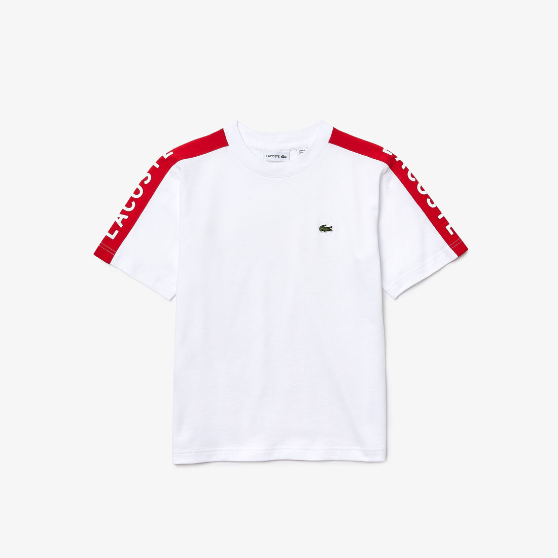 تيشيرت قطن بأشرطة شعار الماركة وفتحة رقبة مستديرة للأولاد