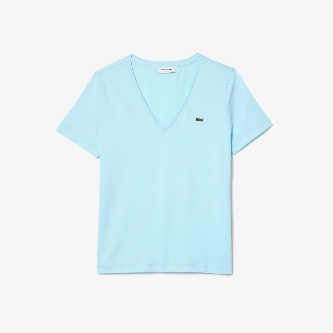 تي شيرت بقصّة عادية وطبعة مميزة لكلمة Lacoste Women's V-neck Loose Fit Cotton T-shirt - TF8392-00-SIZ