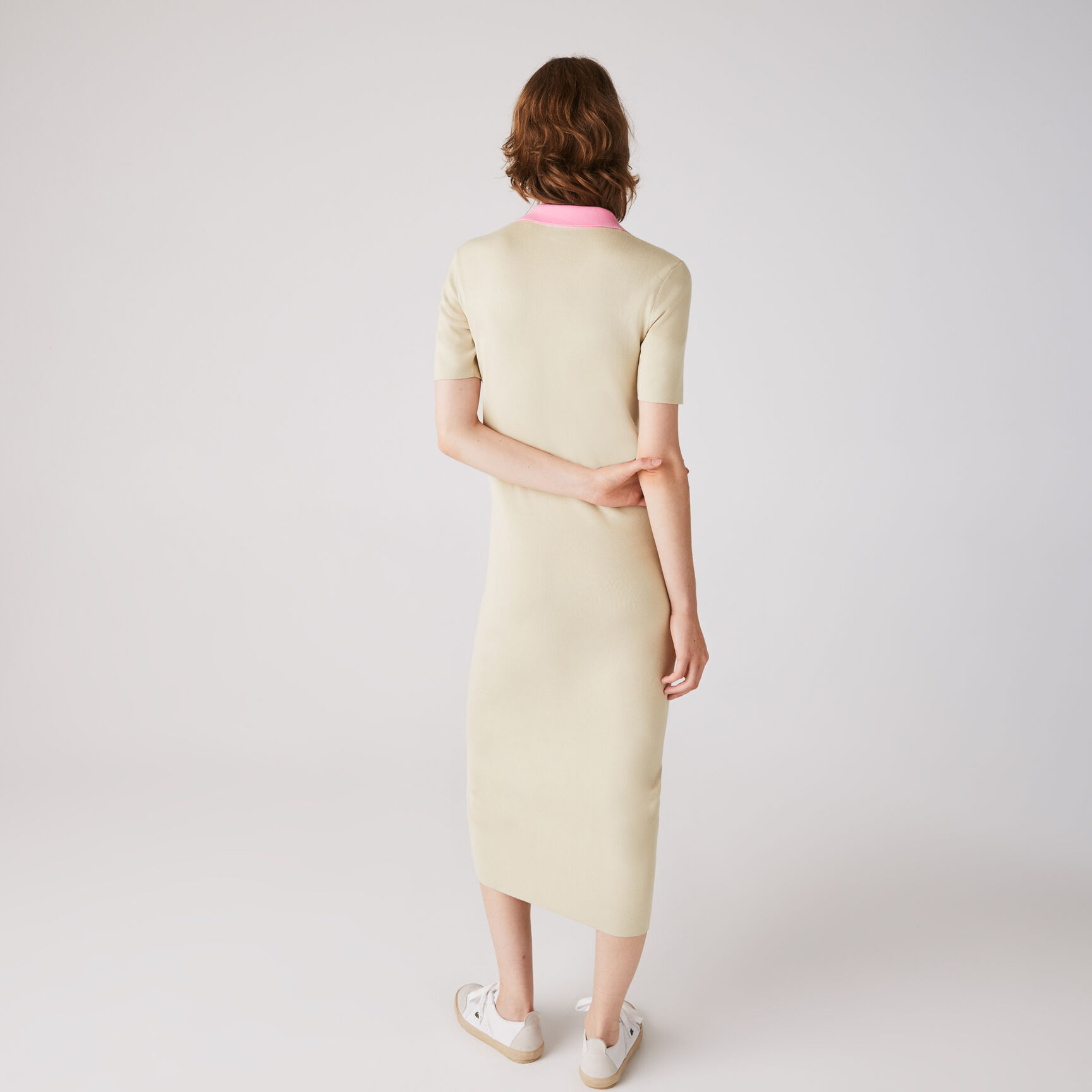 فستان طويل بشكل قميص من القطن المحبوك ثنائي اللون بياقة بولو للنساء فستان طويل بشكل قميص من القطن المحبوك ثنائي اللون بياقة بولو للنساء