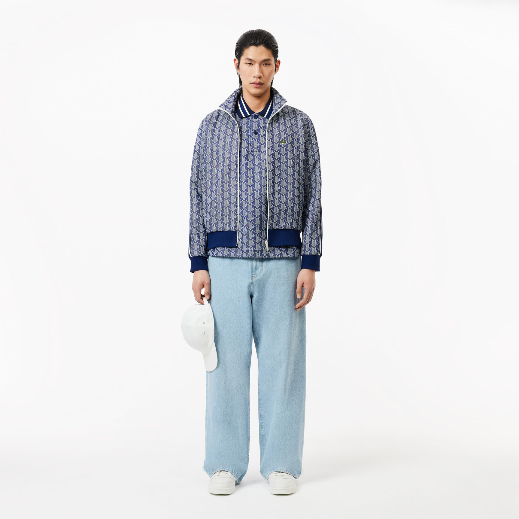 قميص بولو كلاسيكي بقصّة كلاسيكية من قماش الجاكار أحادي اللون Contrast Collar Monogram Polo Shirt - DH1417-00-QIE