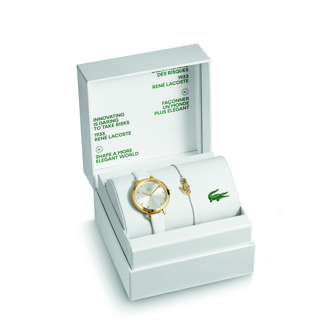 طقم هدية ساعة بسوار جلدي أبيض ومجوهرات White Leather Watch and Jewelry Gift Set - 2070057-SLV