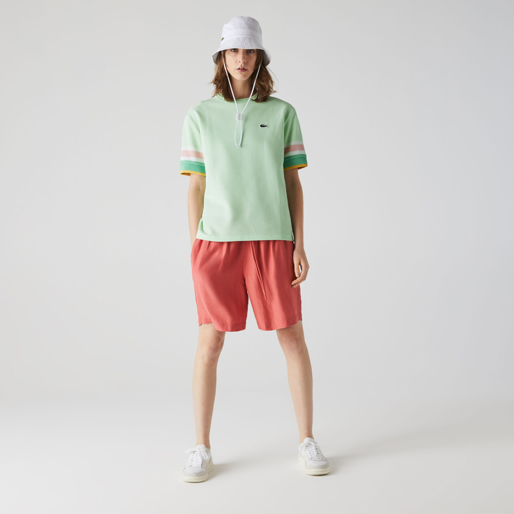 lacoste women s crew neck striped accents honeycomb cotton t shirt