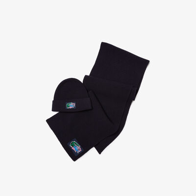Unisex Lacoste Holiday Ribbed Wool Beanie And Scarf Gift Set