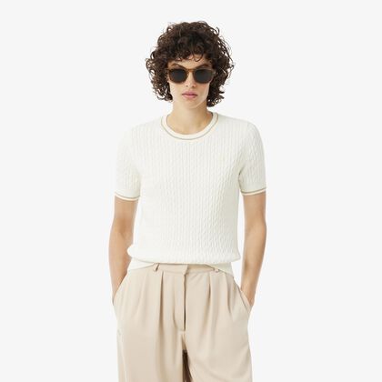 lacoste short sleeved cable knit sweater