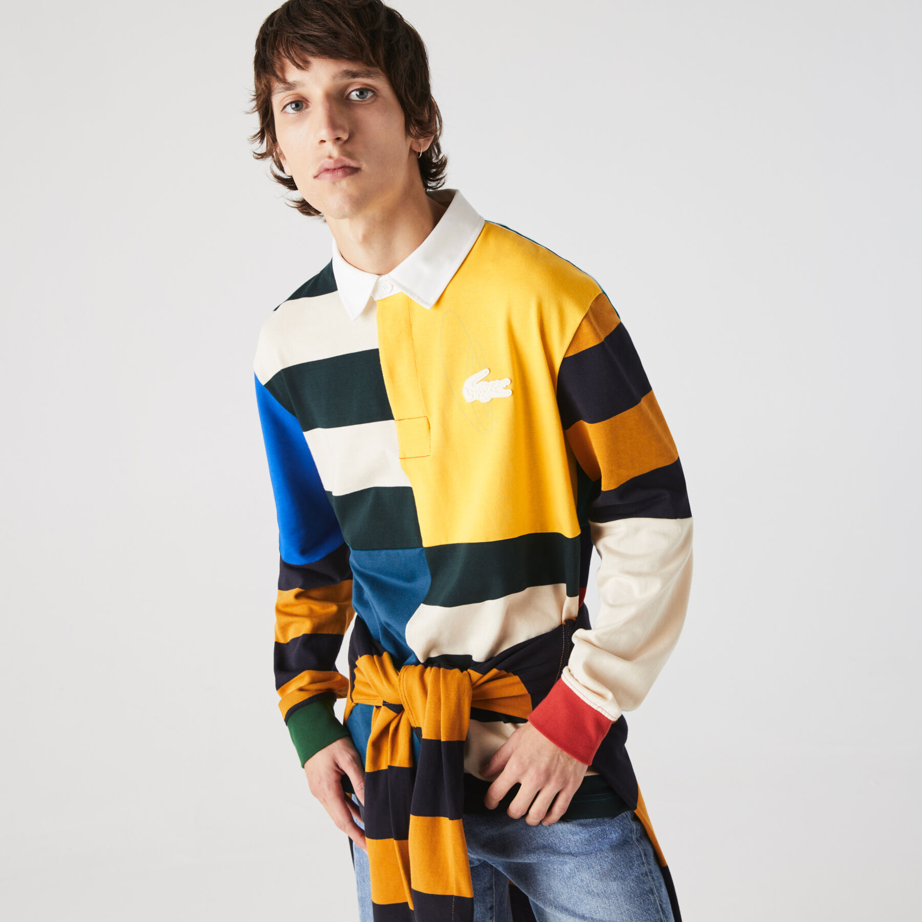 men s lacoste live loose fit colourblock cotton rugby style polo shirt