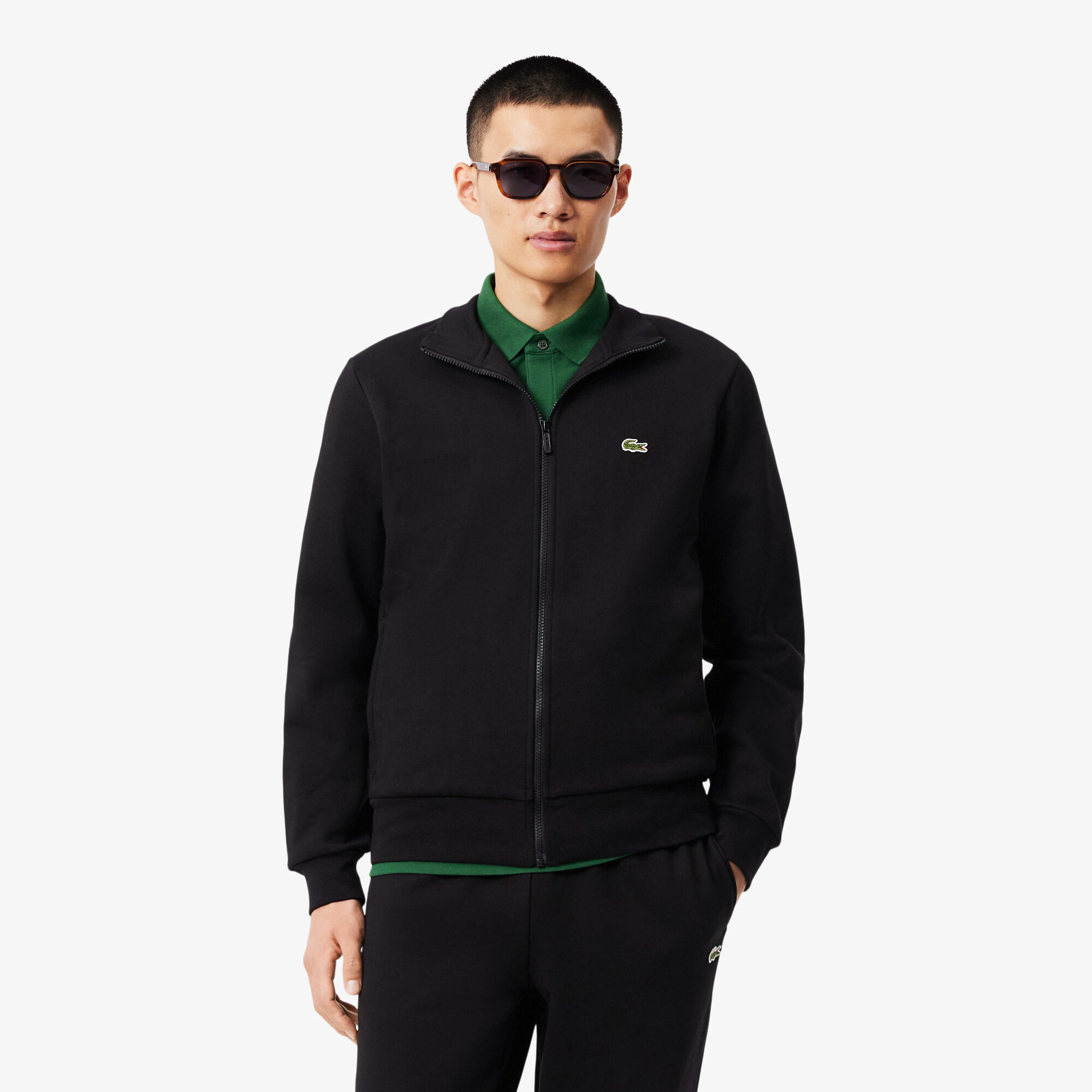 Zip-Up High Neck Fleece Sweatshirt, Black | LACOSTE UAE