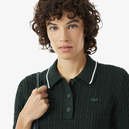 lacoste striped cable knit polo collar sweater