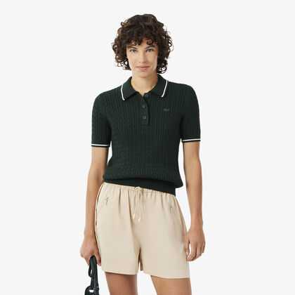lacoste striped cable knit polo collar sweater