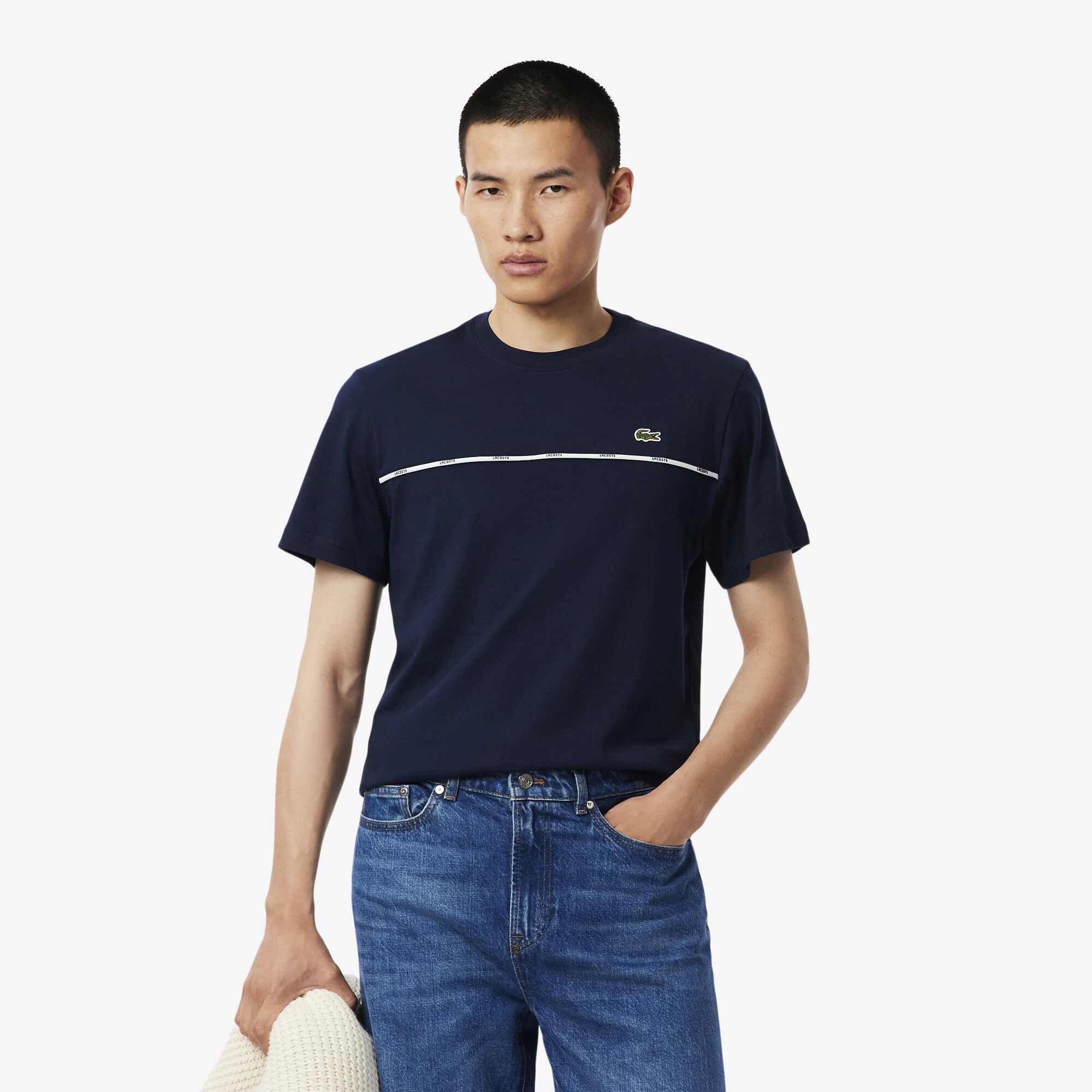 Lacoste Trim Cotton Jersey T-shirt, Navy Blue | LACOSTE UAE