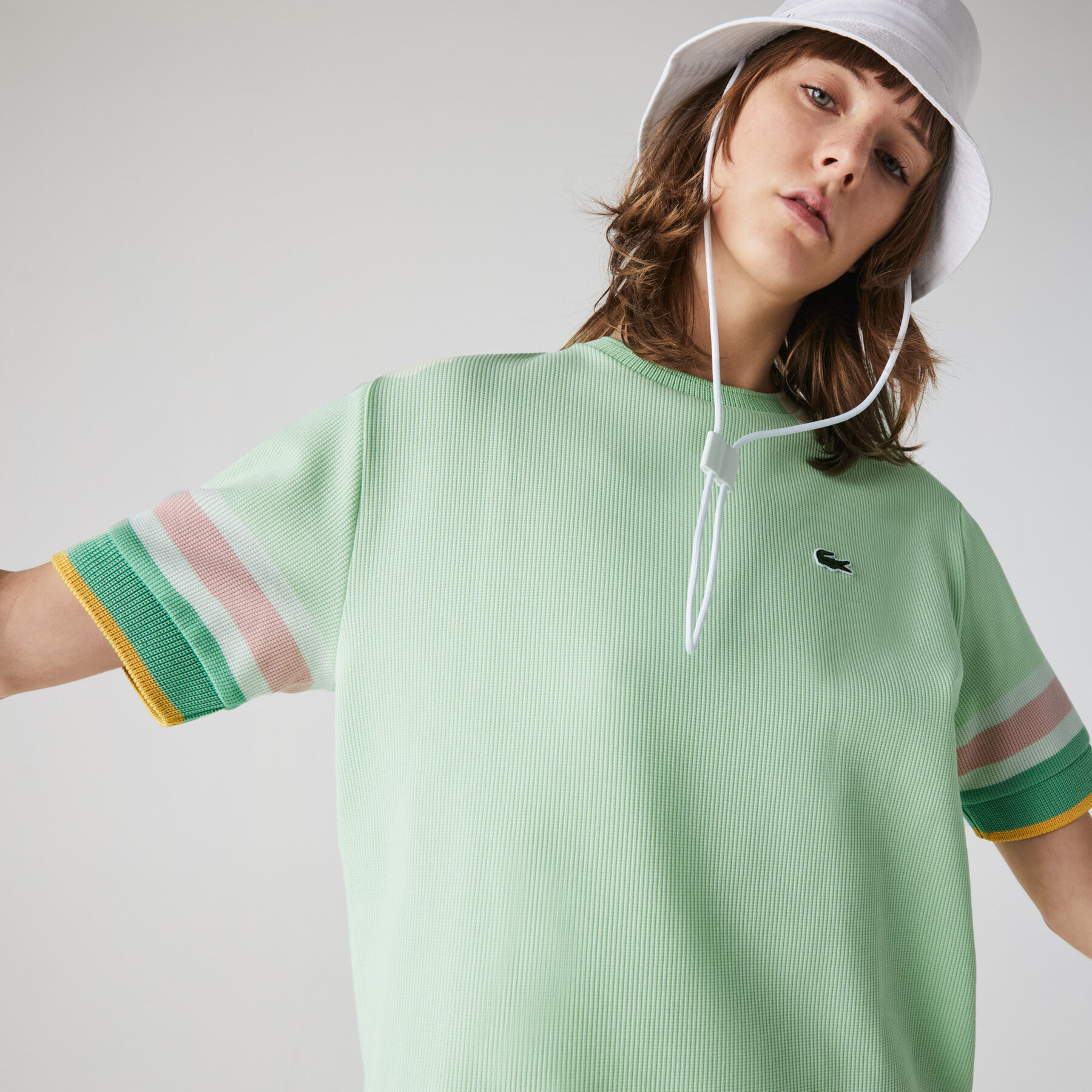 lacoste women s crew neck striped accents honeycomb cotton t shirt