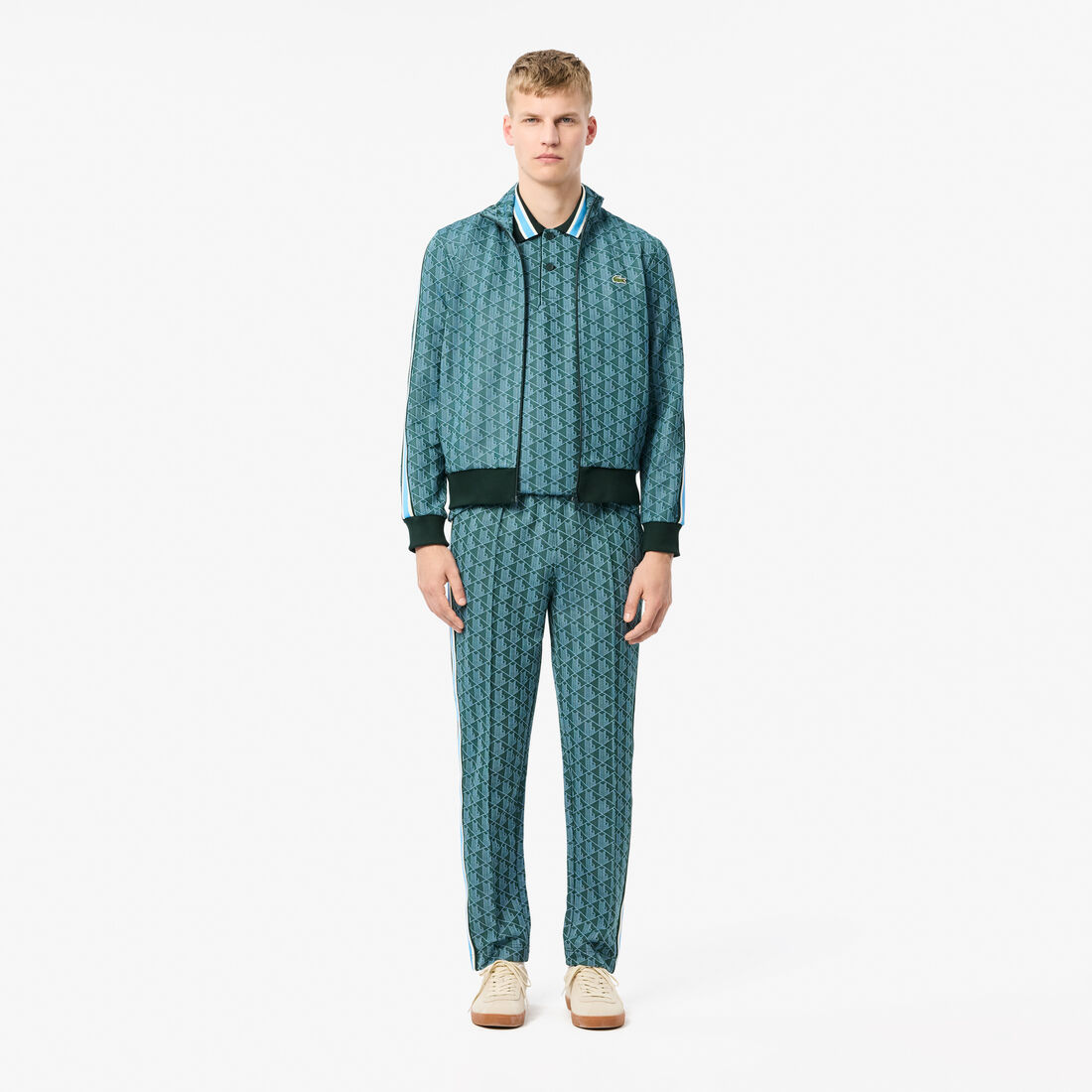 قميص بولو كلاسيكي بقصّة كلاسيكية من قماش الجاكار أحادي اللون Contrast Collar Monogram Polo Shirt - DH1417-00-IB4