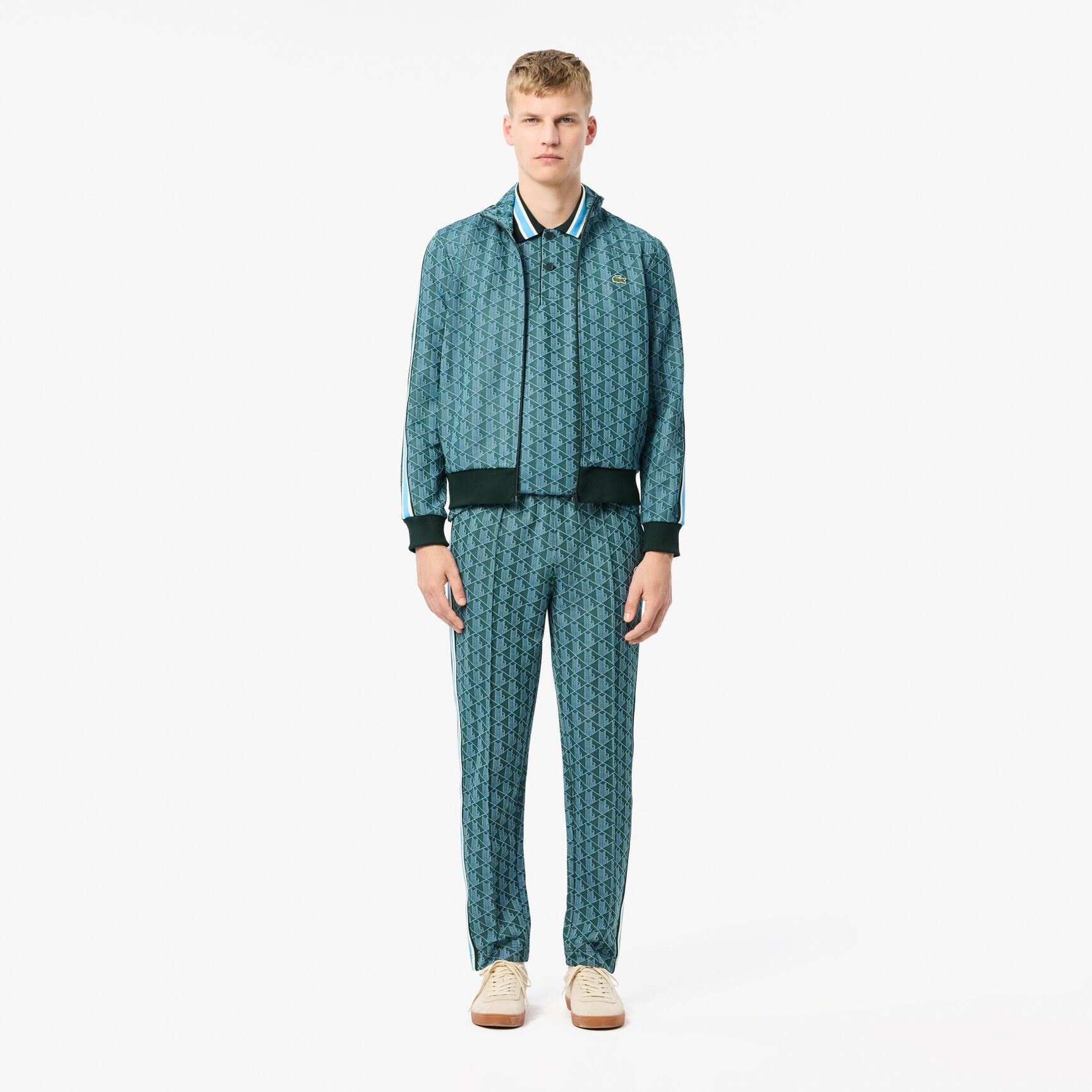 قميص بولو كلاسيكي بقصّة كلاسيكية من قماش الجاكار أحادي اللون Contrast Collar Monogram Polo Shirt - DH1417-00-IB4