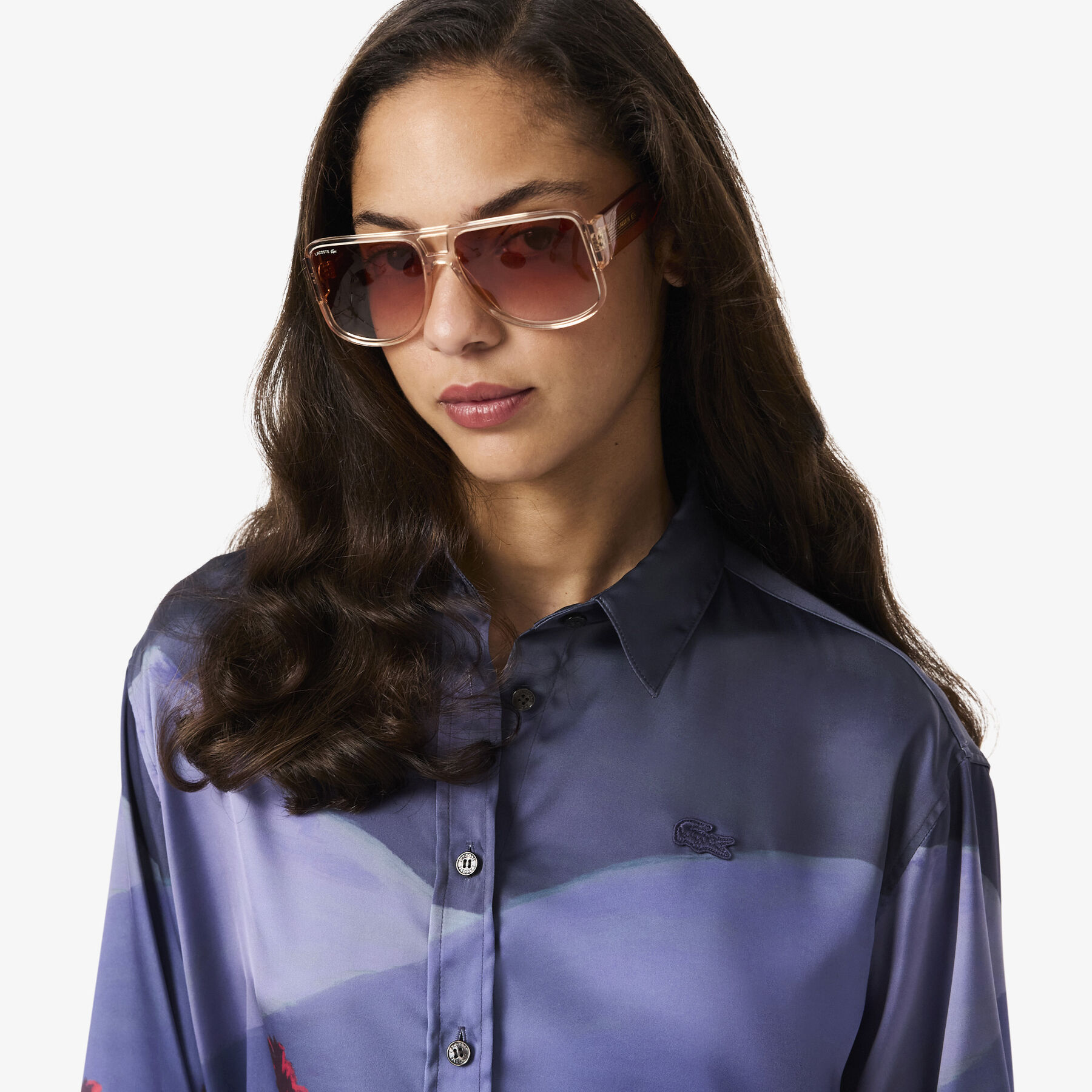 lacoste oversized landscape print satin shirt