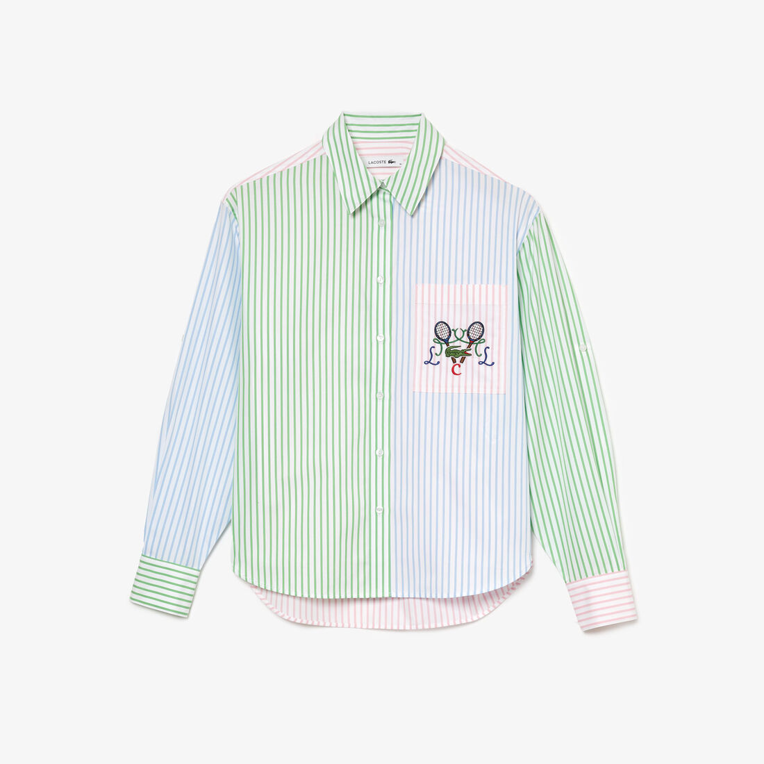 قميص قطن مخطط مقسم لأجزاء بتطريز مضارب تنس للنساء قميص قطن مخطط مقسم لأجزاء بتطريز مضارب تنس للنساء