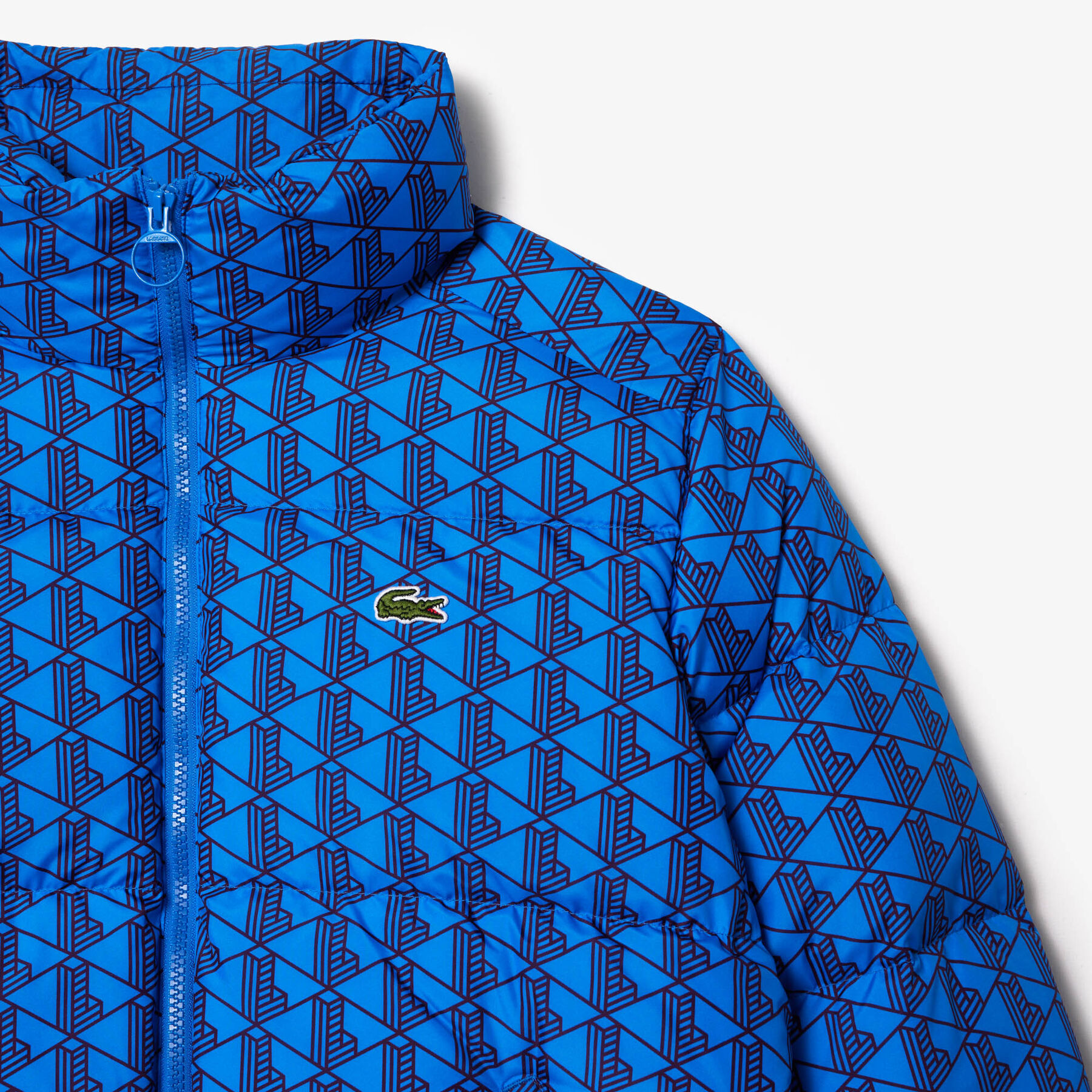lacoste hooded monogram print puffer jacket with puffed croc at back