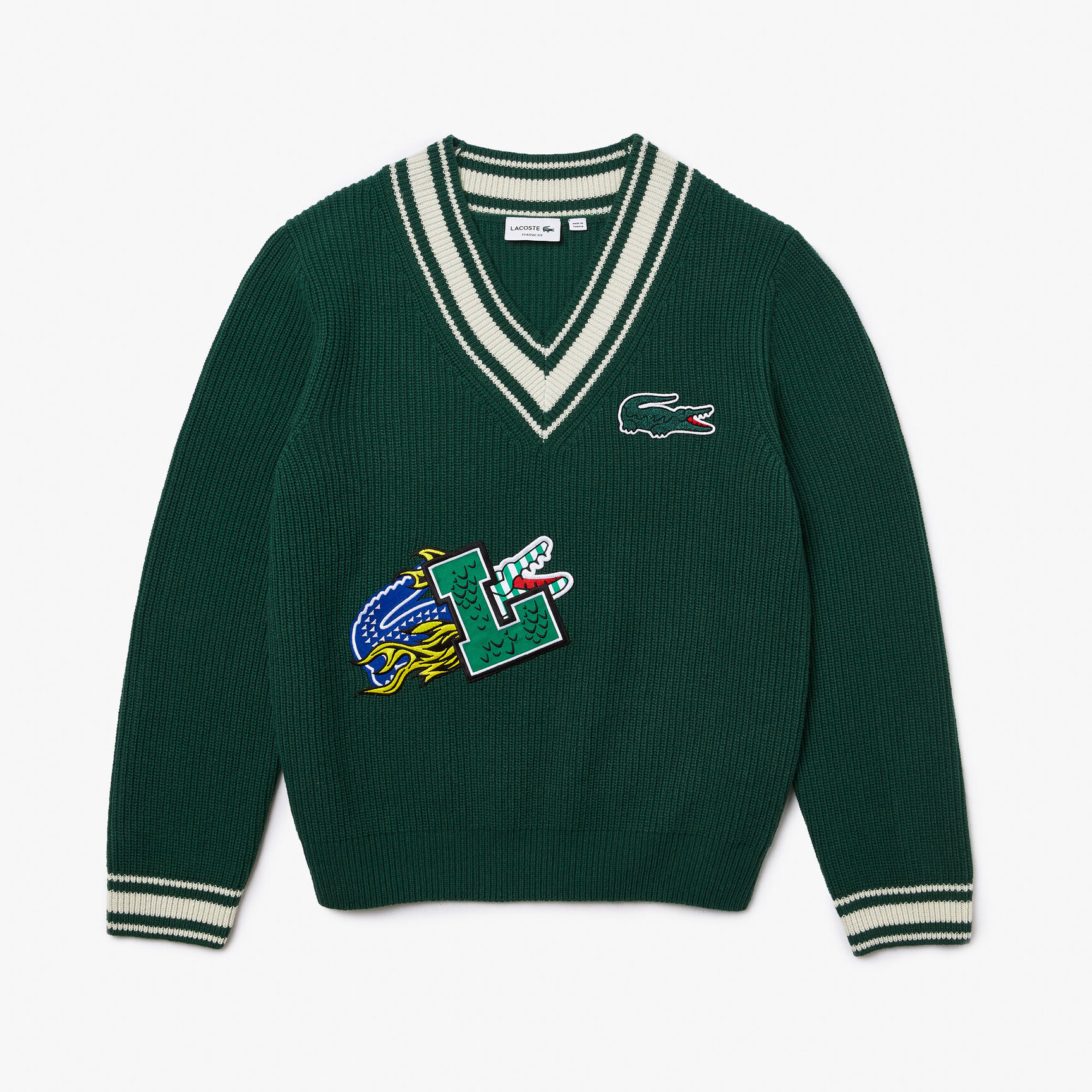 Buy Men's Lacoste Holiday Comic Badge Striped V-Neck Sweater | Lacoste UAE