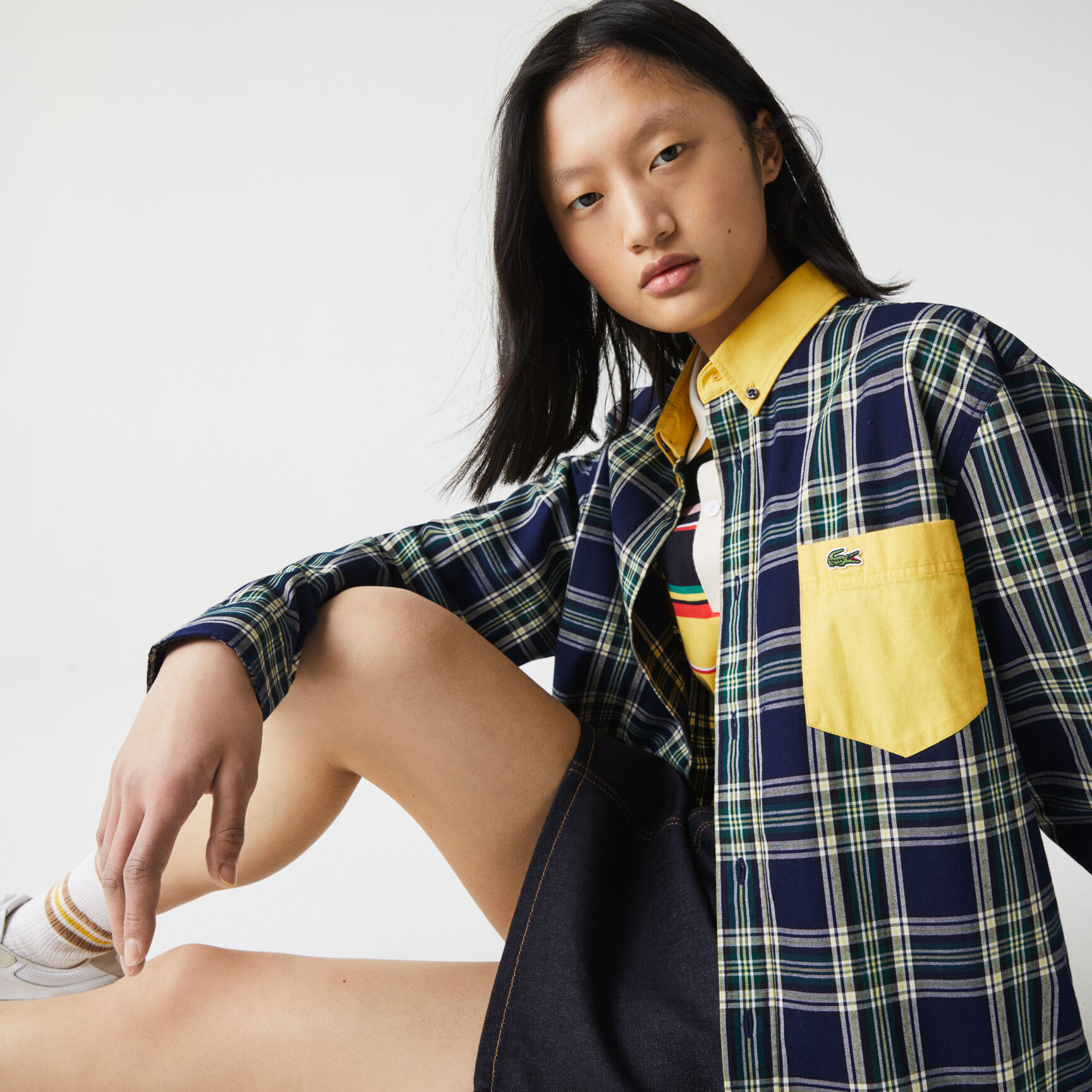 تي شيرت قطن كاروهات للجنسين قصة مربعة مجموعة Lacoste LIVE