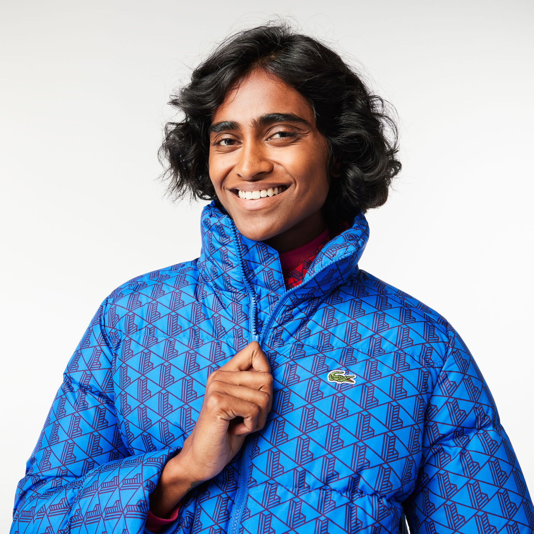 lacoste hooded monogram print puffer jacket with puffed croc at back