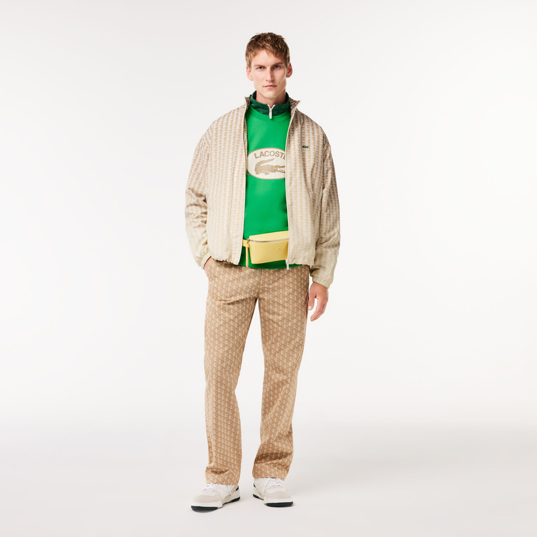 lacoste loose fit monogram print fleece sweatshirt