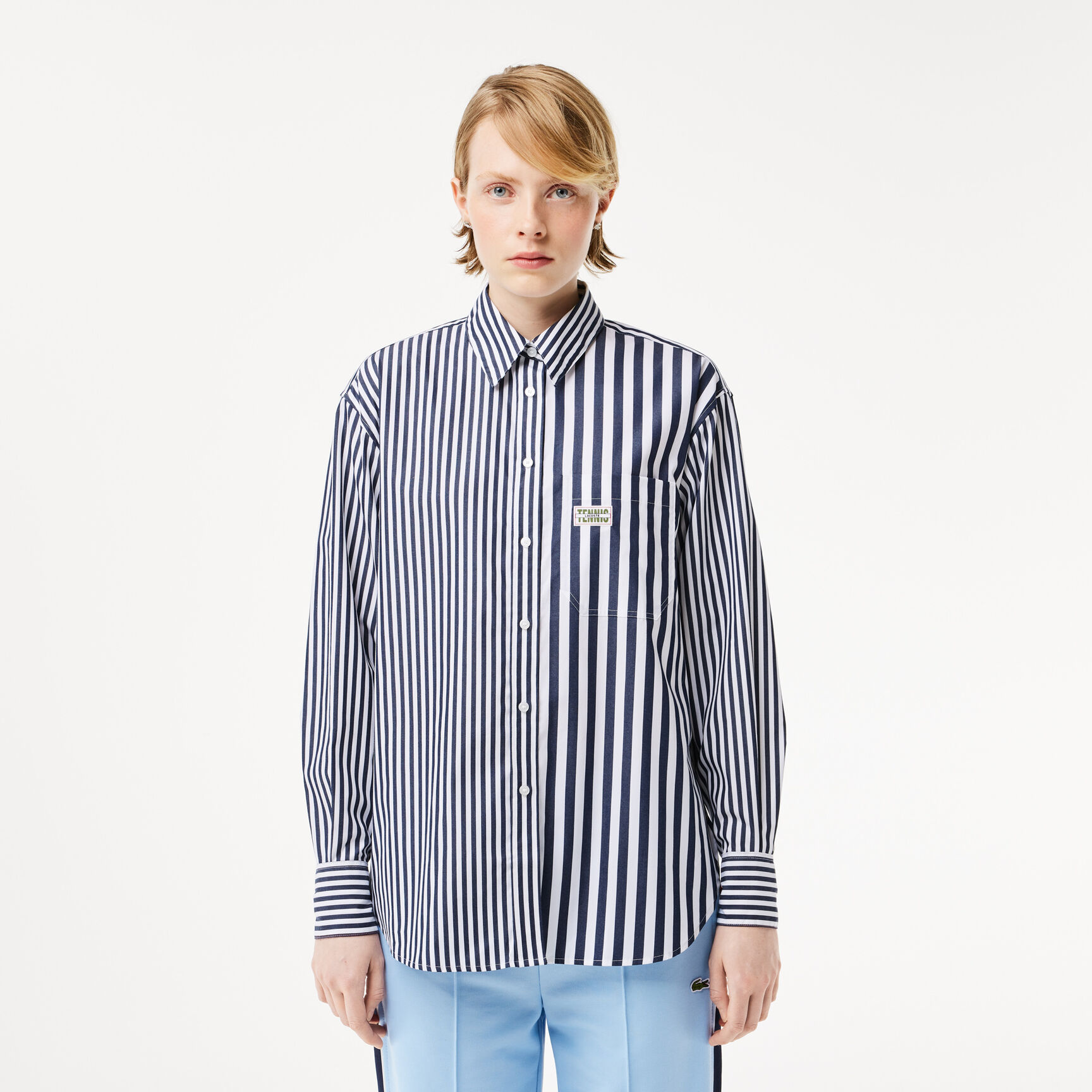قميص لاكوست بيكيه قطن بياقة فرنسية للنساء Lacoste x Bandier Striped Cotton Poplin Shirt - CF0788-00-525