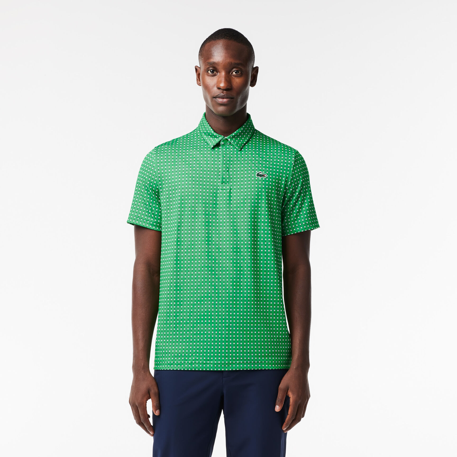 تي شيرت بولو قطن مطاطي بقصّة عادية ومزين بشريط يحمل كلمة Lacoste Men's Lacoste Golf Printed Recycled Polyester Polo Shirt - DH5175-00-QBI