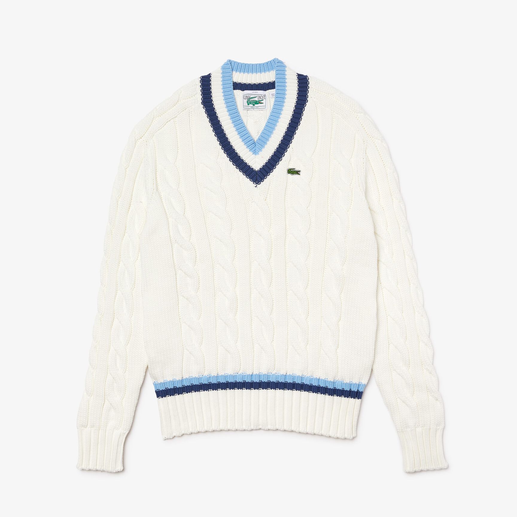 كنزة من حياكة الكابل للجنسين بفتحة رقبة على شكل حرف V وأطراف مقلمة كنزة من حياكة الكابل للجنسين بفتحة رقبة على شكل حرف V وأطراف مقلمة