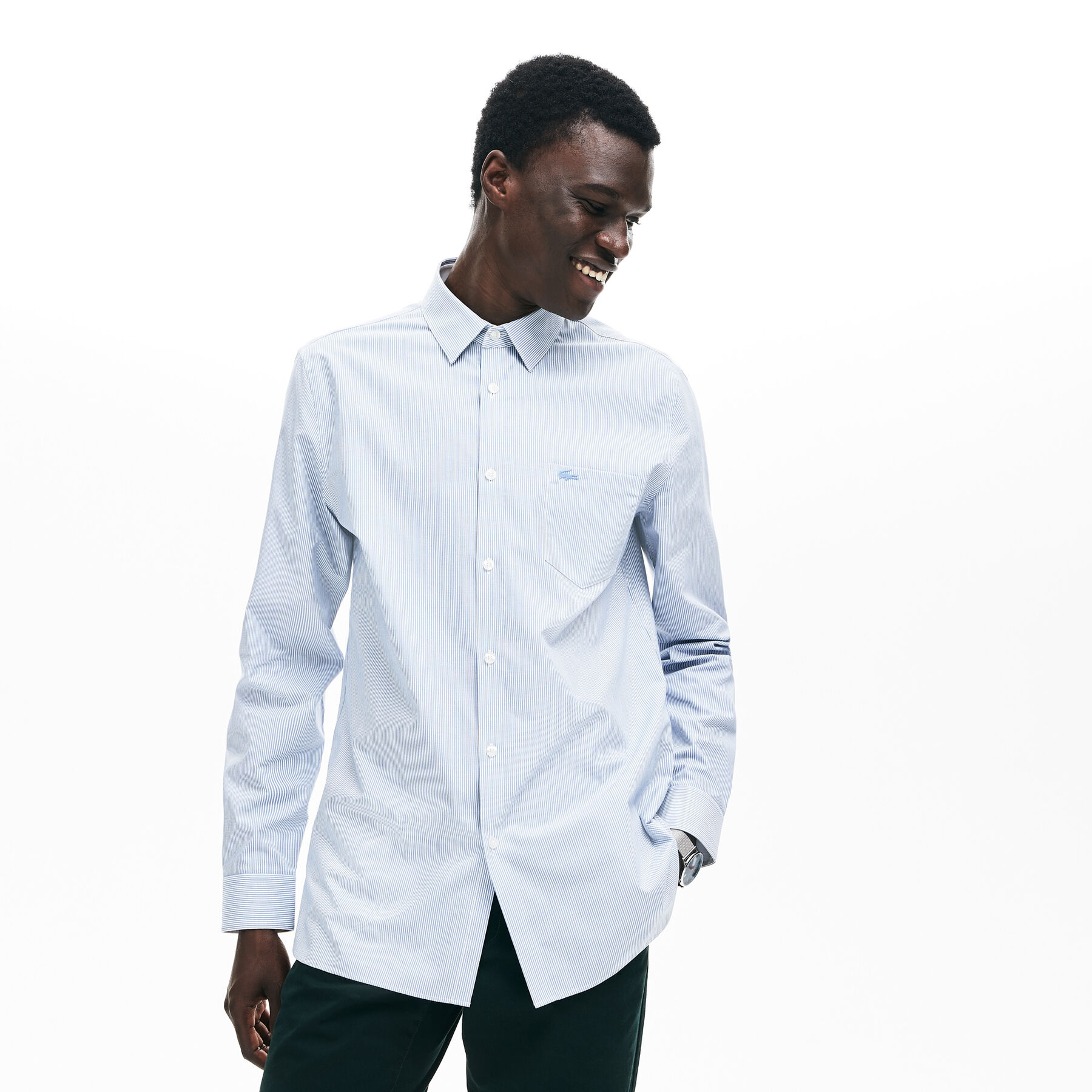lacoste men s regular fit vertically striped cotton poplin shirt