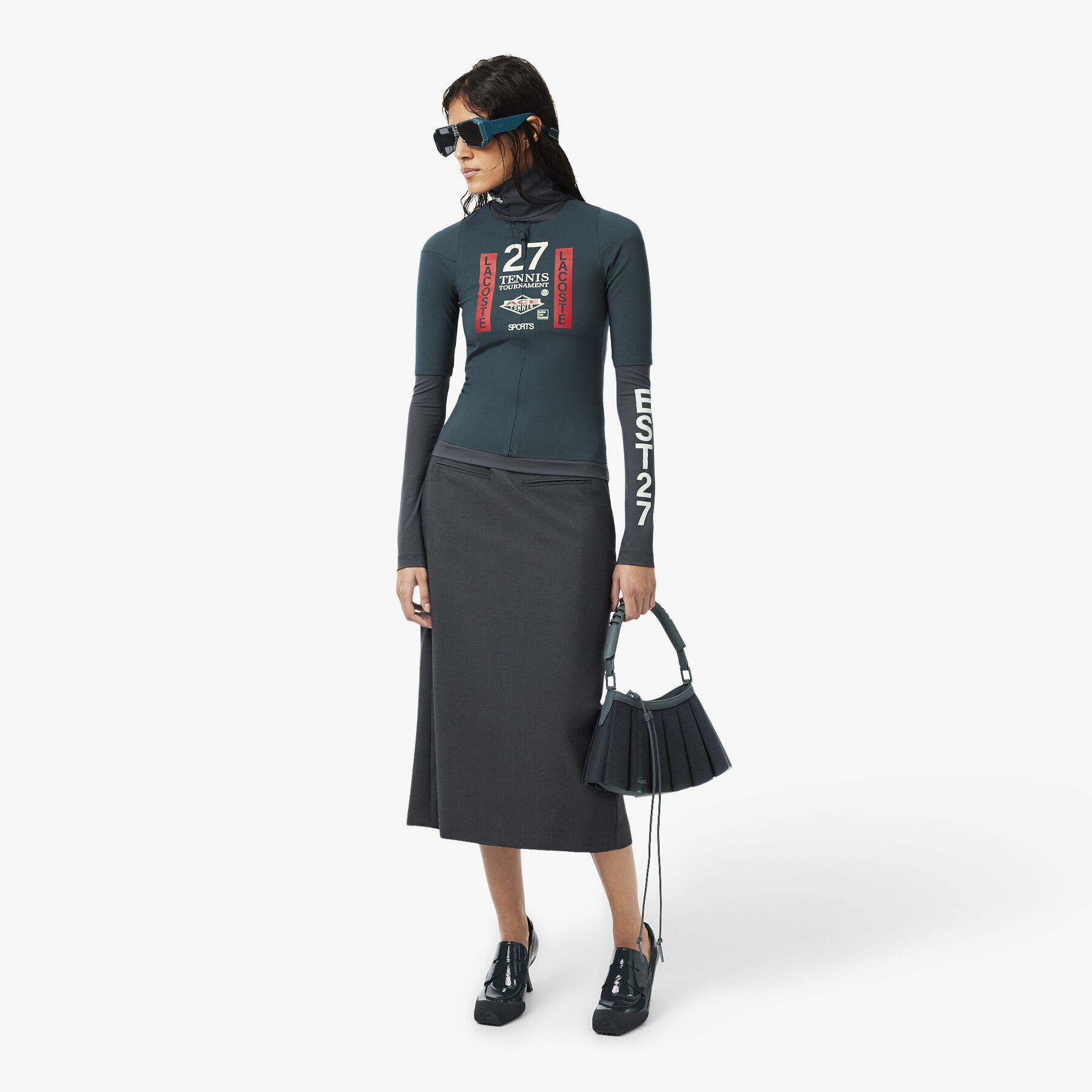 lacoste runway high neck printed stretch t shirt