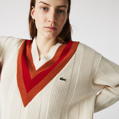 Women’s V-neck Striped Textured Wool Sweater