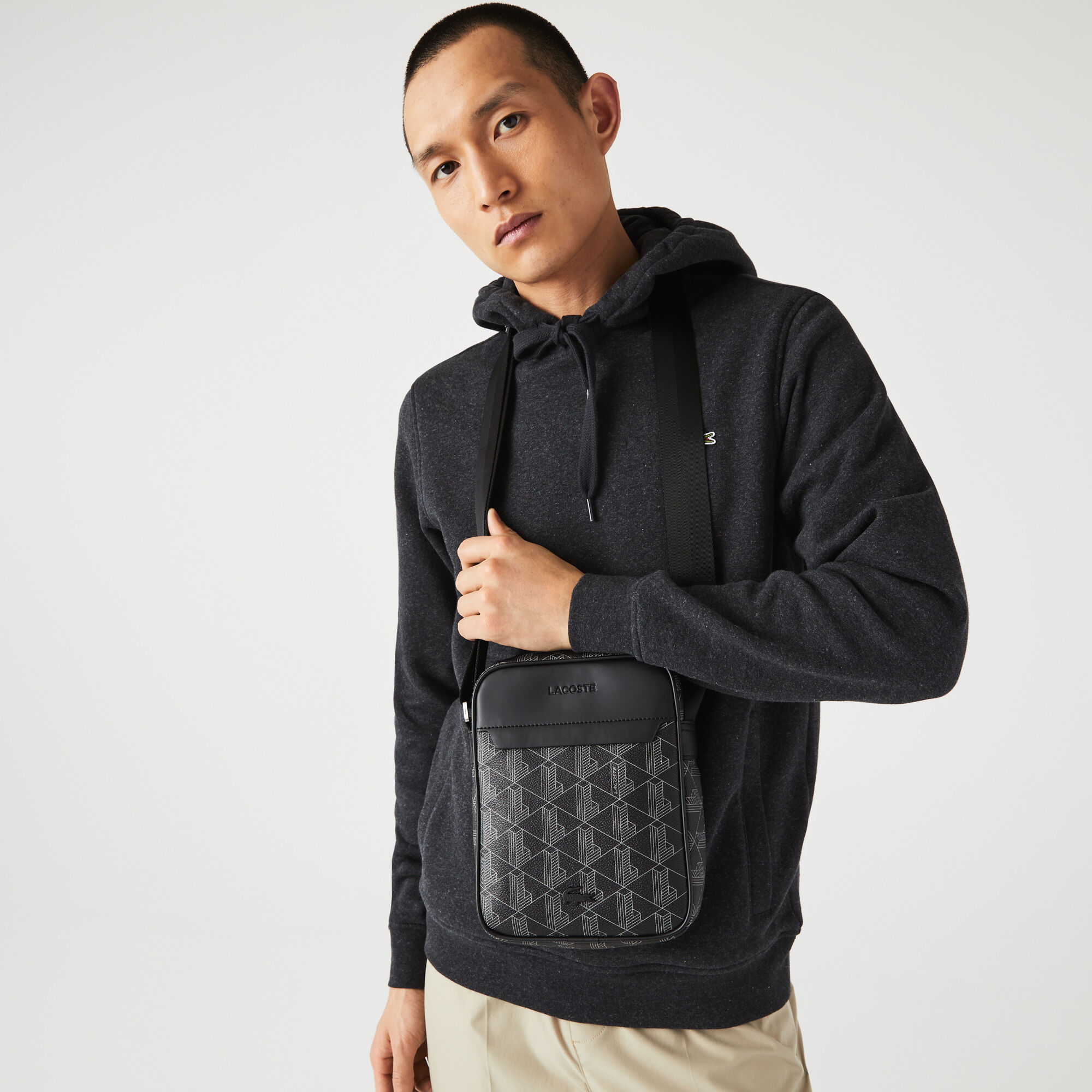 Men's The Blend Monogram Canvas Vertical Bag, Black | LACOSTE UAE