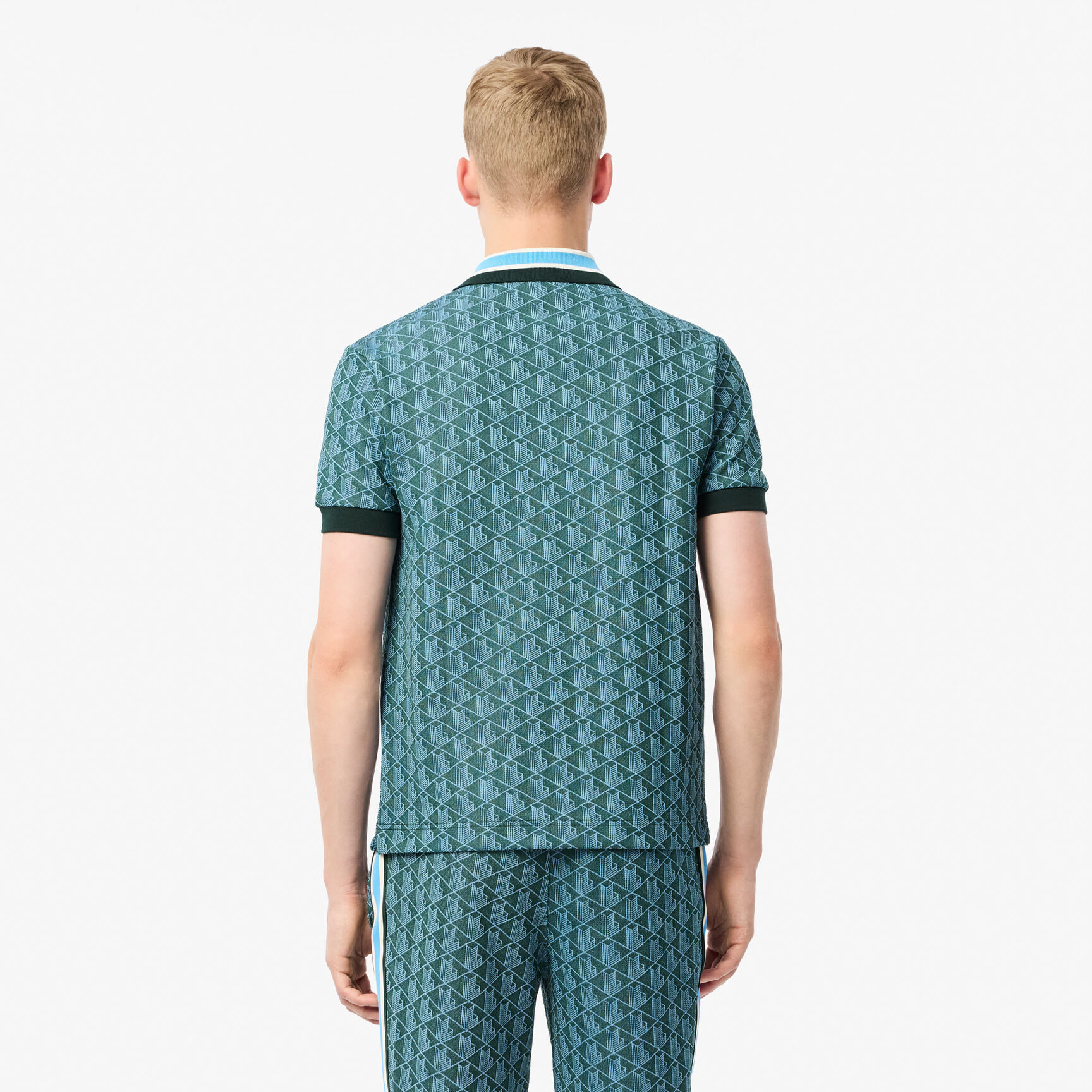 قميص بولو كلاسيكي بقصّة كلاسيكية من قماش الجاكار أحادي اللون Contrast Collar Monogram Polo Shirt - DH1417-00-IB4