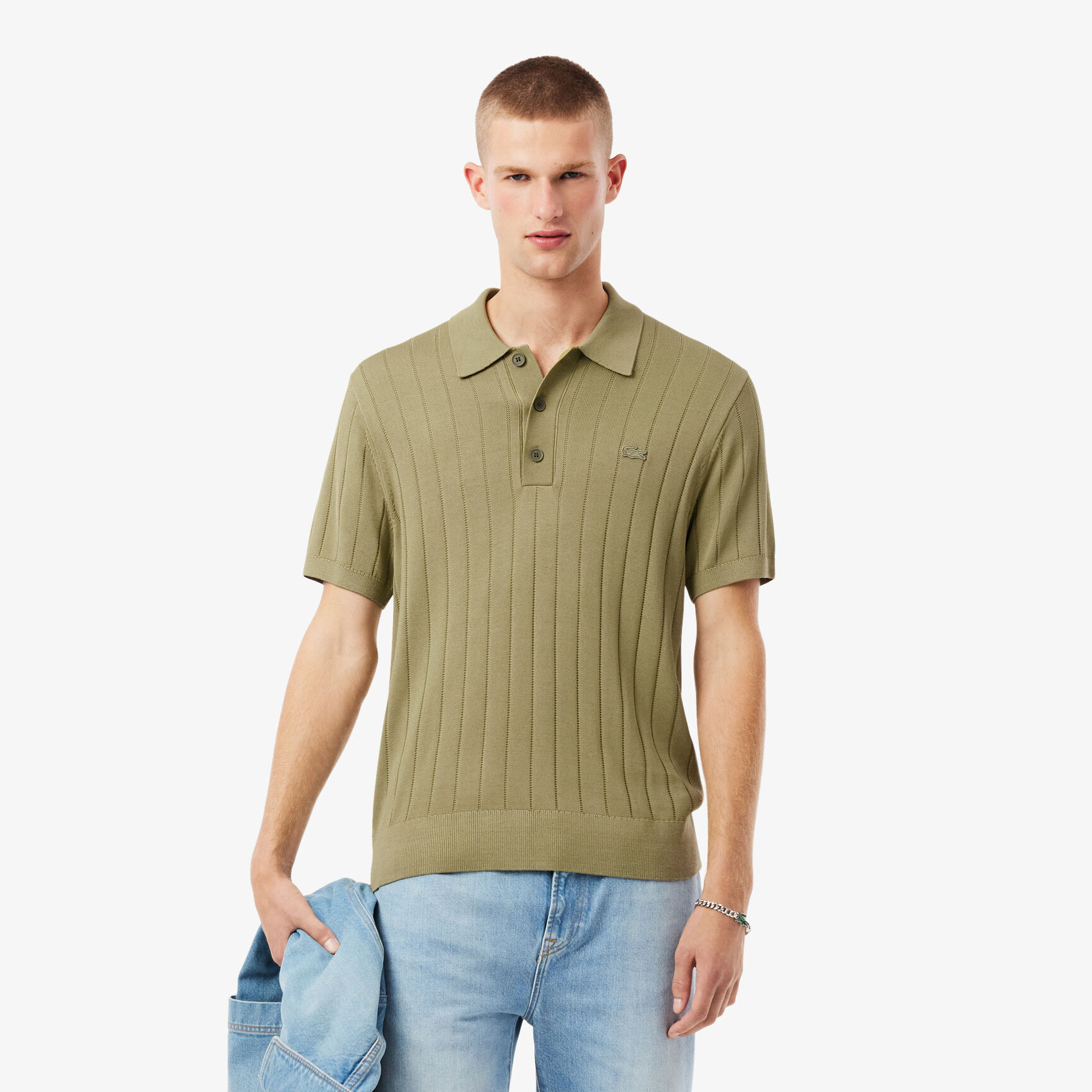 Fluid Ribbed Knit Polo Collar Sweater - AH5339-00-E9F