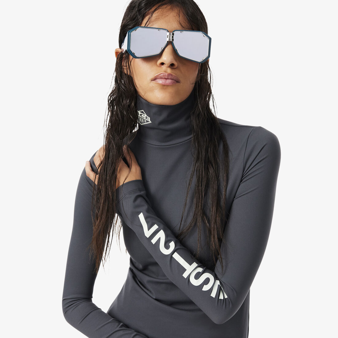 lacoste runway high neck printed stretch t shirt