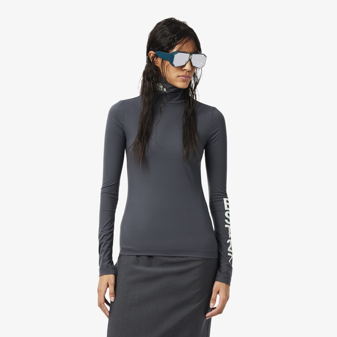 lacoste runway high neck printed stretch t shirt