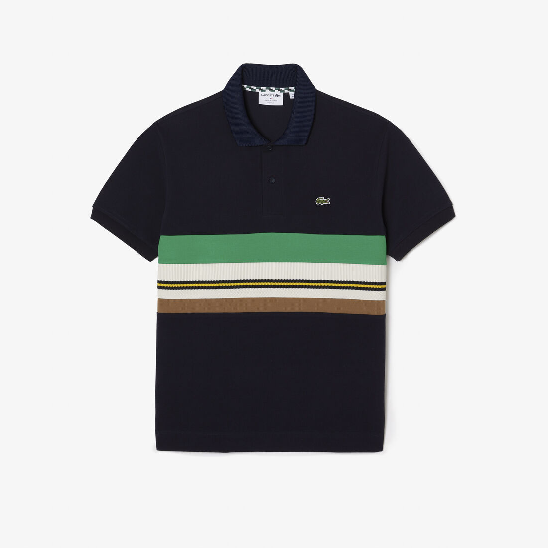 تي شيرت بولو لاكوست بيكيه مطاطي بطبعة مميزة لكلمة Lacoste French Made Contrast Stripe Polo Shirt - PH1132-00-HDE