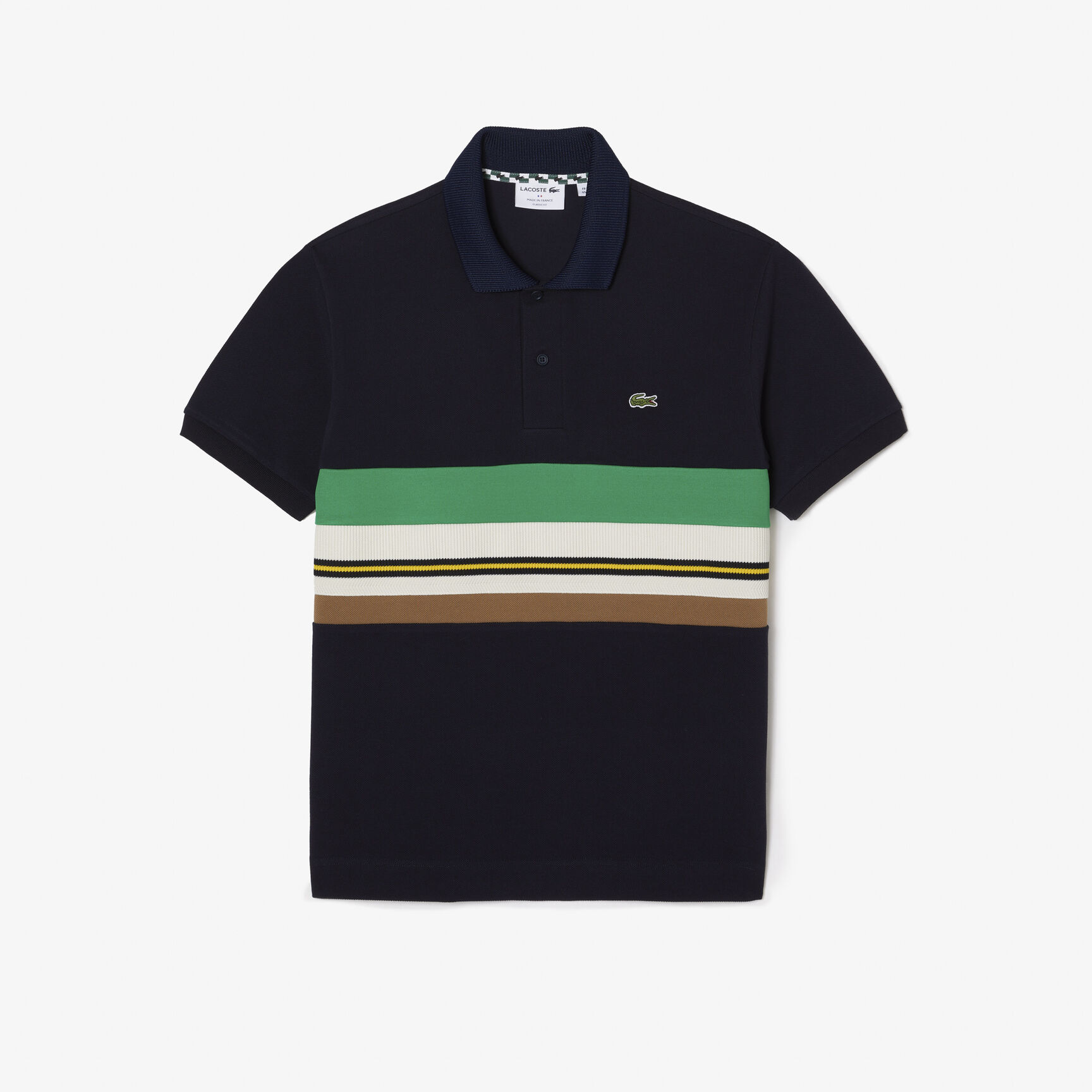 تي شيرت بولو لاكوست بيكيه مطاطي بطبعة مميزة لكلمة Lacoste French Made Contrast Stripe Polo Shirt - PH1132-00-HDE
