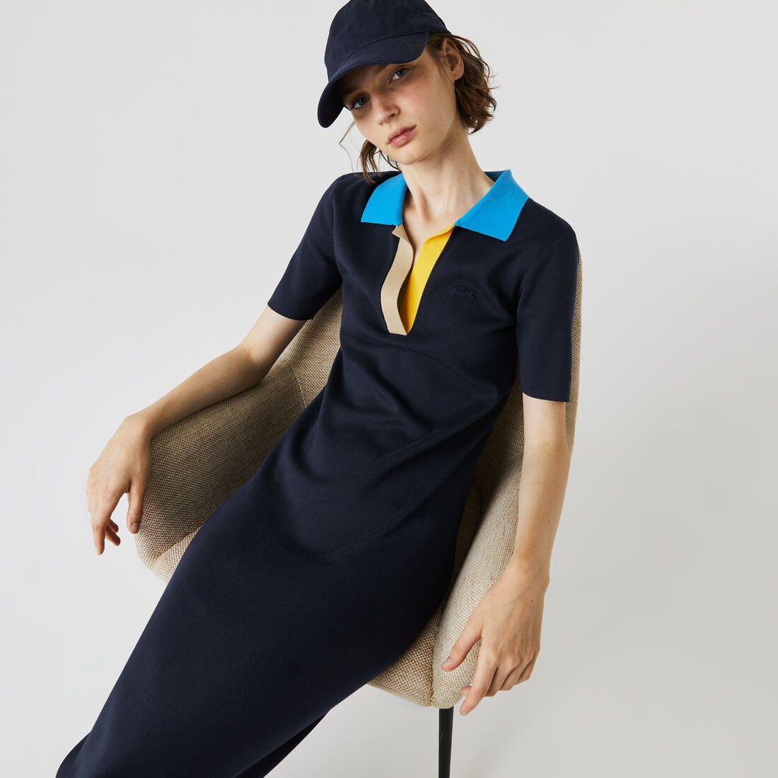 Women's Polo Collar Two-Tone Cotton Knit Long Sweater Dress