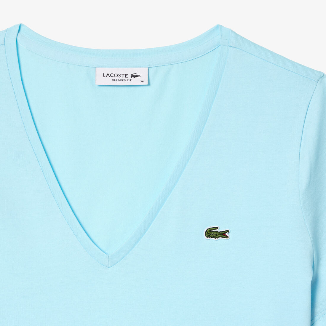 تي شيرت بقصّة عادية وطبعة مميزة لكلمة Lacoste Women's V-neck Loose Fit Cotton T-shirt - TF8392-00-SIZ