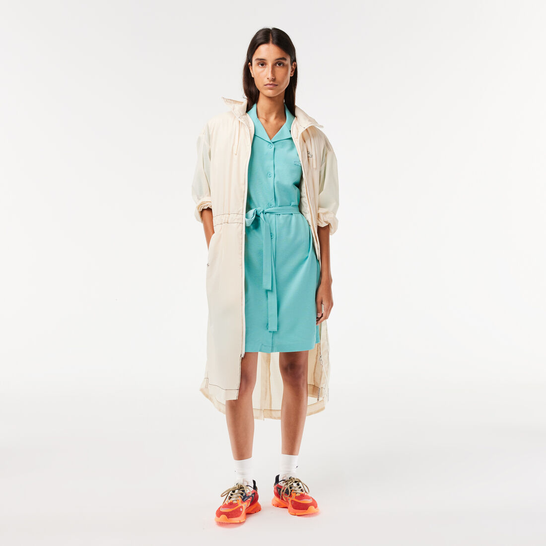 فستان لاكوست مزيج قطن وكتان بحزام وأزرار للنساء Women’s Lacoste Linen/Cotton Blend Belted Button Dress - EF7765-00-BVG