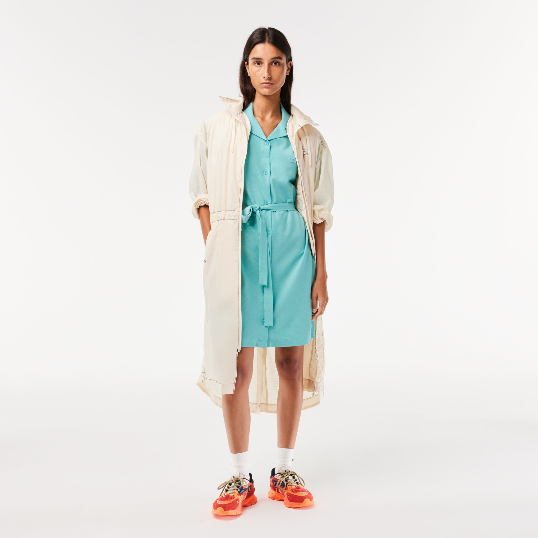 فستان لاكوست مزيج قطن وكتان بحزام وأزرار للنساء Women’s Lacoste Linen/Cotton Blend Belted Button Dress - EF7765-00-BVG