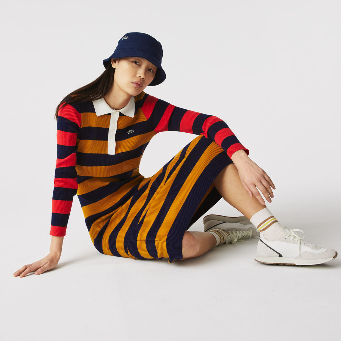 Women’s Fitted Striped Ribbed Mid-Length Polo Dress