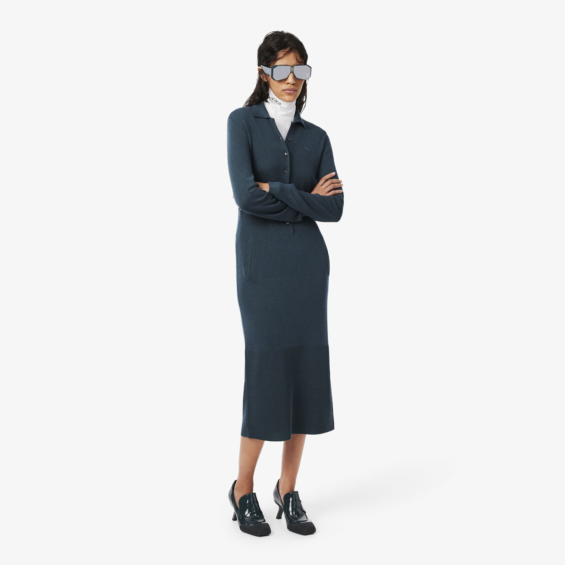 lacoste runway polo collar merino wool blend maxi dress