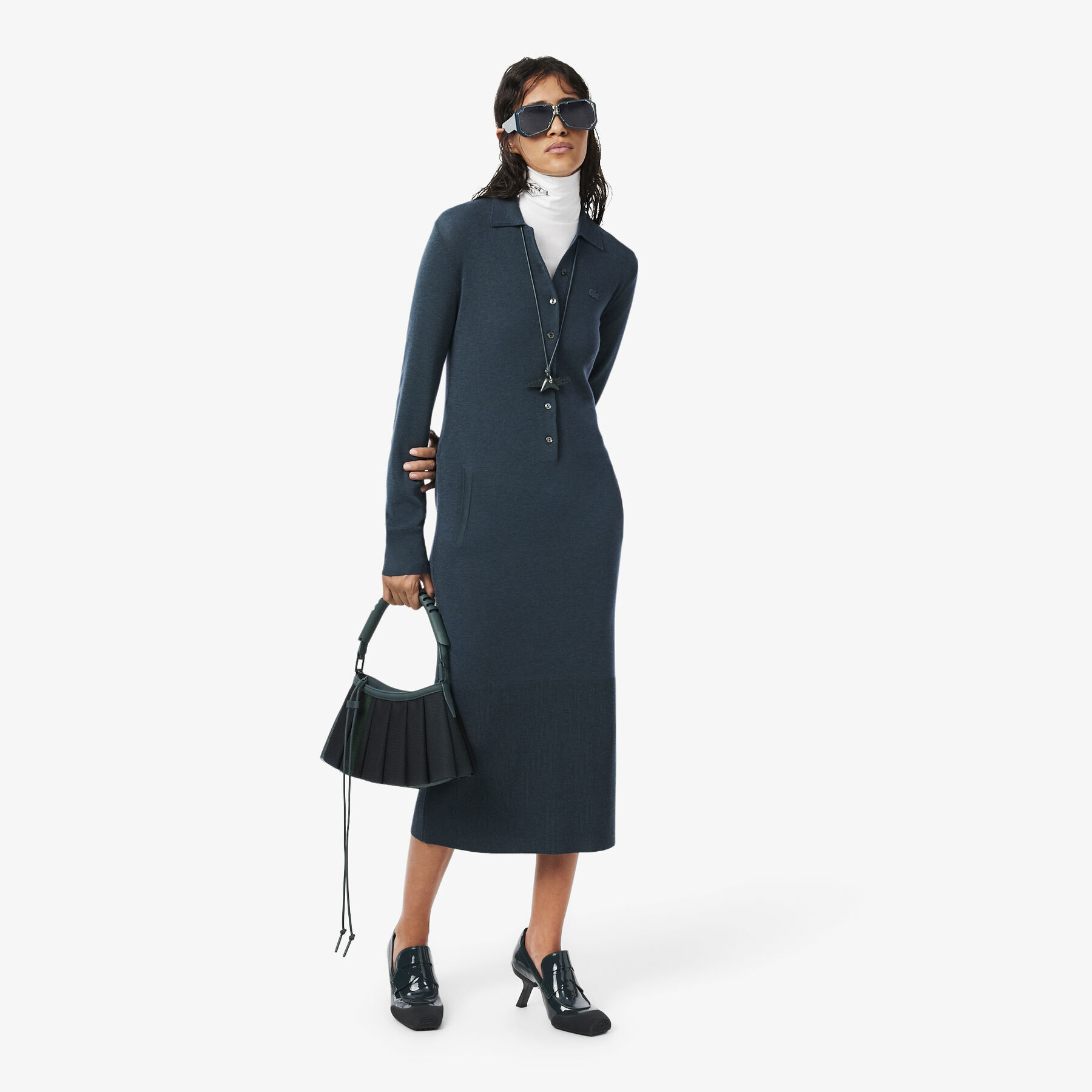 lacoste runway polo collar merino wool blend maxi dress