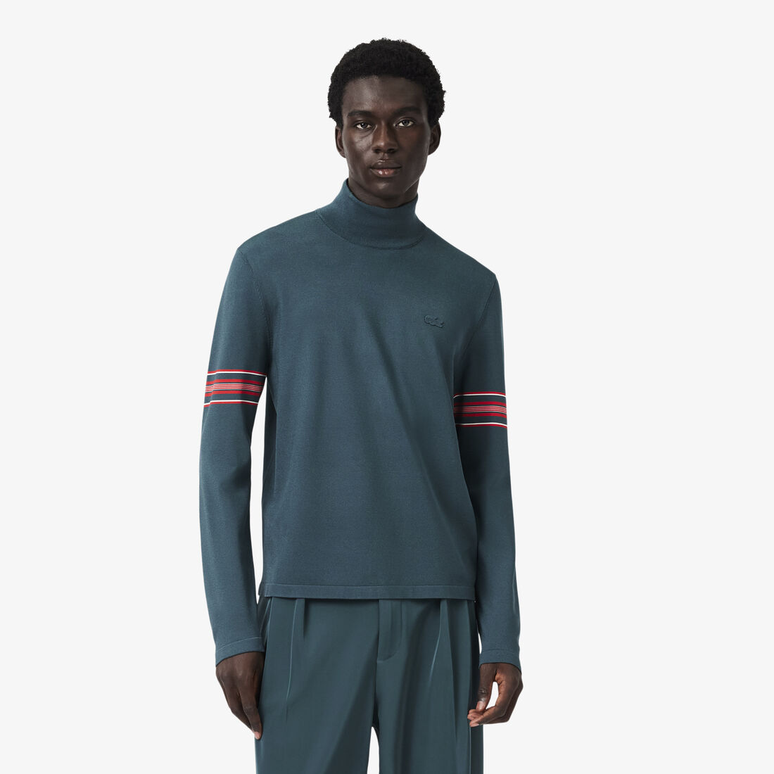 lacoste runway high neck striped jersey sweater